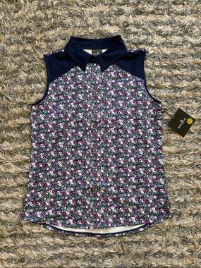 New Belyn Key Navy Floral Sleeveless Collared Golf Camisole XS
